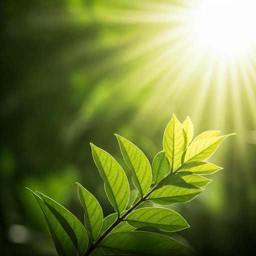 Green energy abstract concept with leaves and sunlight